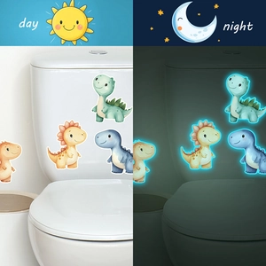 Luminous cartoon dinosaur wall stickers for bathroom decor showing day and night effect