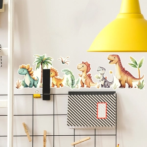 Detailansicht der Cartoon-Dinosaurier-Wandaufkleber mit Palmen im Kinderzimmer-Dekor