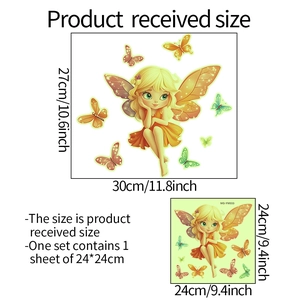 Luminous cartoon fairy wall sticker with butterflies for bathroom decor, 24x24cm size