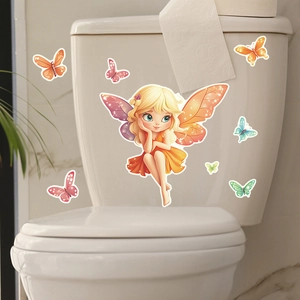 Close-up of luminous cartoon fairy and colorful butterflies decor on a toilet lid