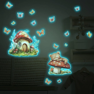 Luminous wall stickers with mushroom house and sleeping bear glowing in blue for kids' room