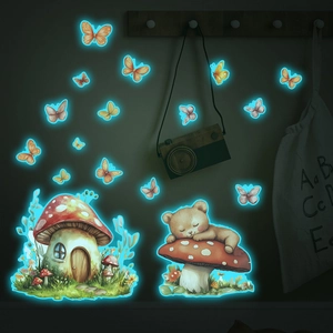 Luminous wall stickers featuring cartoon mushroom house, sleeping bear and butterflies