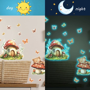 Luminous mushroom house wall stickers set with sleeping bear and glowing butterflies