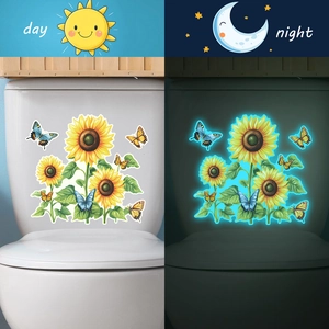 Luminous sunflower and butterfly toilet wall decals with day and night glowing effect