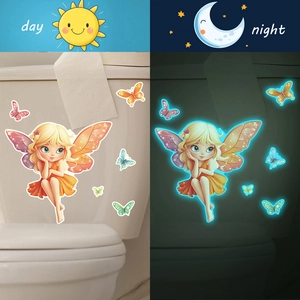 Luminous fairy and butterfly toilet stickers with day and night glow effect visualization
