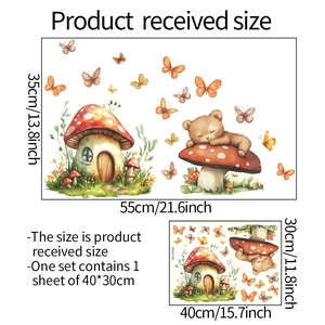 Luminous wall sticker showing layout and finished sizes of mushroom house and bear