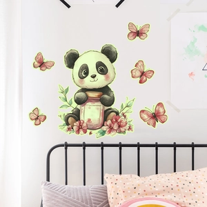 Luminous wall sticker set featuring panda with honey jar and pink butterflies decor