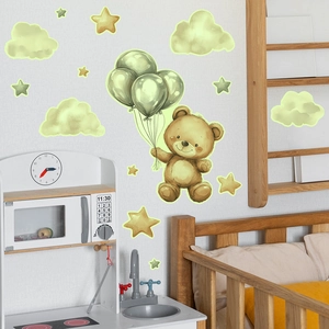 Glow-in-the-dark bear and cloud wall stickers for kids' nursery room wall decoration