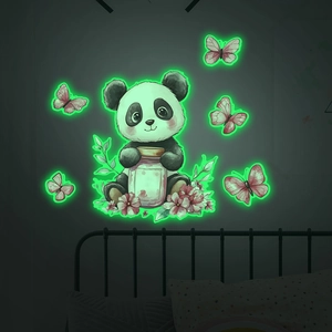 Luminous panda wall stickers with butterflies glowing in the dark for bedroom decor