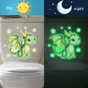 Luminous green cartoon dragon and stars wall sticker for bathroom day and night view