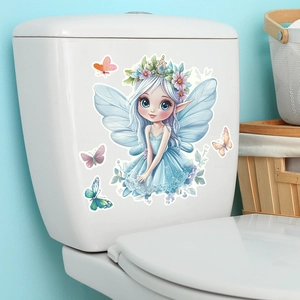 Detailed view of waterproof floral fairy princess and colorful butterfly toilet wall stickers