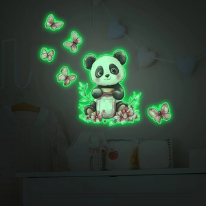 Glow-in-the-dark wall stickers featuring a cute panda with jar and pink butterflies