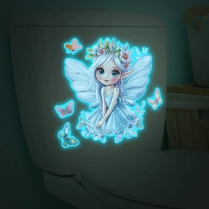 Luminous toilet sticker featuring a floral fairy and butterflies glowing in dark blue light