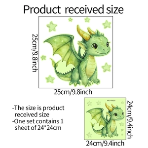 Glow-in-the-dark dragon wall sticker dimensions showing 24x24cm sheet for kids bathroom