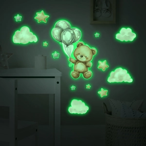 Luminous wall stickers with cute bear holding balloons, stars and clouds in kids room