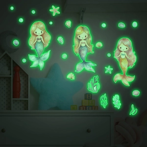 Luminous Mermaid Wall Stickers Glow In The Dark PVC Cartoon Sea Life Wall Decal For Kids Room Bedroom Bathroom Nursery Decor