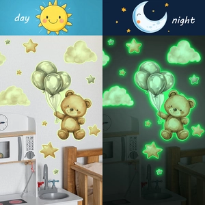 Luminous cartoon bear and clouds wall stickers for kids bedroom with day and night effect