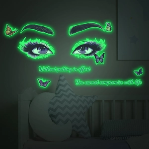 Luminous wall stickers with female eyes, butterflies, and English quotes in dark room