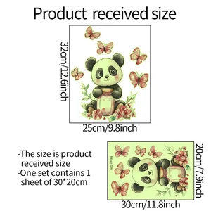 Size guide for luminous panda and butterfly wall decals showing 30x20cm sheet dimensions