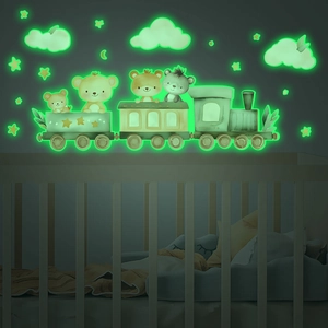 Stickers Muraux Lumineux Train Animaux Pour Chambre Enfant Ours Étoiles Brille Dans Le Noir PVC Décoration Murale