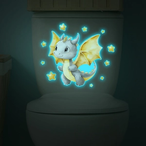Luminous cartoon dinosaur and stars wall stickers glowing in dark bathroom environment
