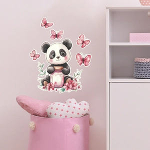 Luminous wall sticker featuring a cute painted panda with pink butterflies and flowers