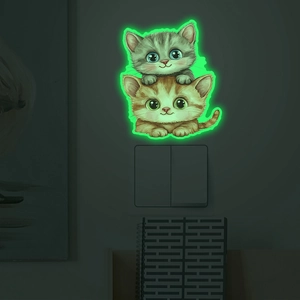 Luminous cartoon cat wall stickers for home decor with glowing green fluorescent effect