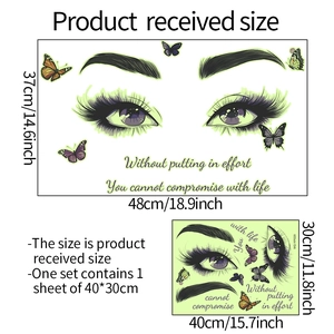 Luminous woman eyes and butterfly wall stickers with motivational English quote 37x48cm