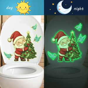 Stickers de toilettes de Noël fluorescents avec Père Noël et oiseaux, effet nuit