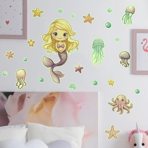 Glow-in-the-dark mermaid and jellyfish wall stickers for kids' bedroom decoration