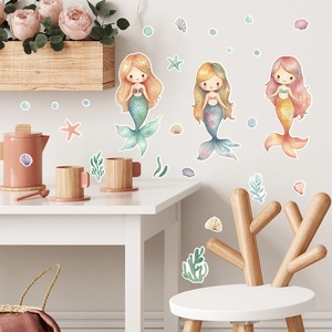 Luminous watercolor mermaid wall decals with sea shells and corals for kids room decor