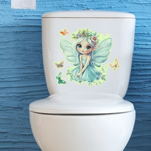 Close-up of a fairy princess toilet sticker with butterfly decals on a white ceramic tank
