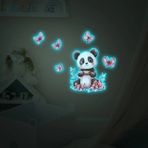 Glow in the dark panda wall decal with butterflies for luminous home decor accents