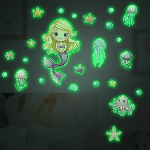 Glow-in-the-dark mermaid and jellyfish wall stickers with green fluorescent ocean theme