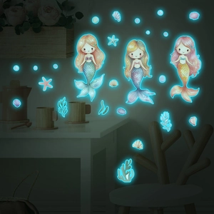 Luminous mermaid wall stickers glowing in blue light for dark room home decoration
