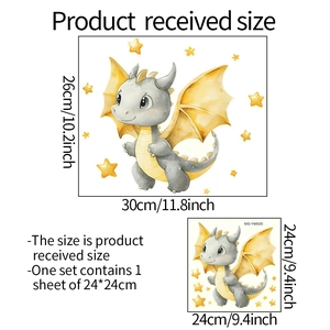 Detail view of the glowing dinosaur wall stickers with specific size dimensions and layout