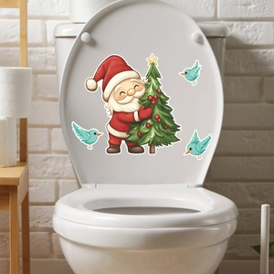 Vue détaillée des autocollants WC Père Noël et sapin avec oiseaux bleus pour la salle de bain