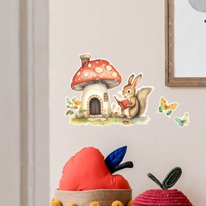 Detail of cartoon mushroom house wall sticker with squirrel and butterflies in kids room