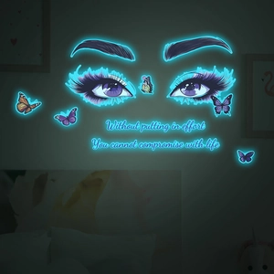Luminous wall stickers featuring eyes, butterflies, and motivational English quotes in the dark