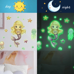 Luminous mermaid wall stickers showing day and night glowing effect for kids room