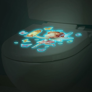 Luminous toilet sticker featuring cartoon fairy with lantern and colorful butterflies