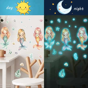 Luminous mermaid wall stickers showing day and night decorative glow effects for kids room