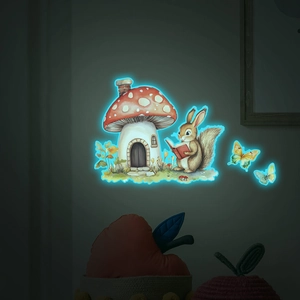 Glow in the dark wall stickers featuring mushroom house and squirrel in bioluminescent blue