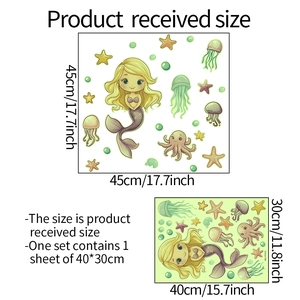 Luminous cartoon mermaid and jellyfish wall stickers set with sea creature motifs