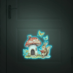 Glow-in-the-dark wall decal with cartoon mushroom house, reading squirrel and butterfly