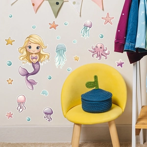 Detailed view of cartoon mermaid wall stickers with colorful jellyfish in kids' bedroom
