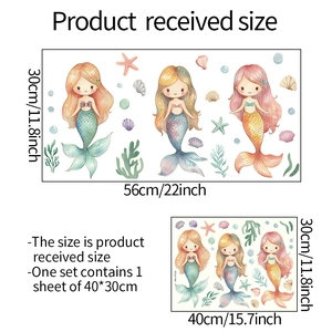 Luminous mermaid wall sticker dimensions showing 40x30cm sheet and layout size