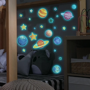 Luminous solar system planet and stars wall stickers glowing in a dark kids bedroom