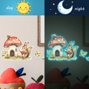 Luminous mushroom house and squirrel wall stickers with blue glow in the dark effect