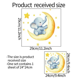 Detailed size chart for elephant and moon wall decals showing 24cm and 29cm dimensions